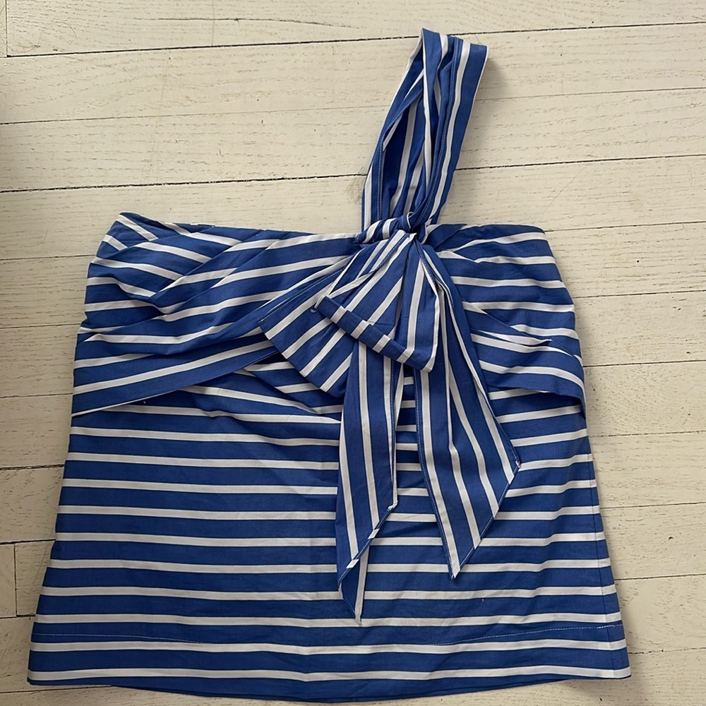 J crew blue and white strapless shirt with bow detail.